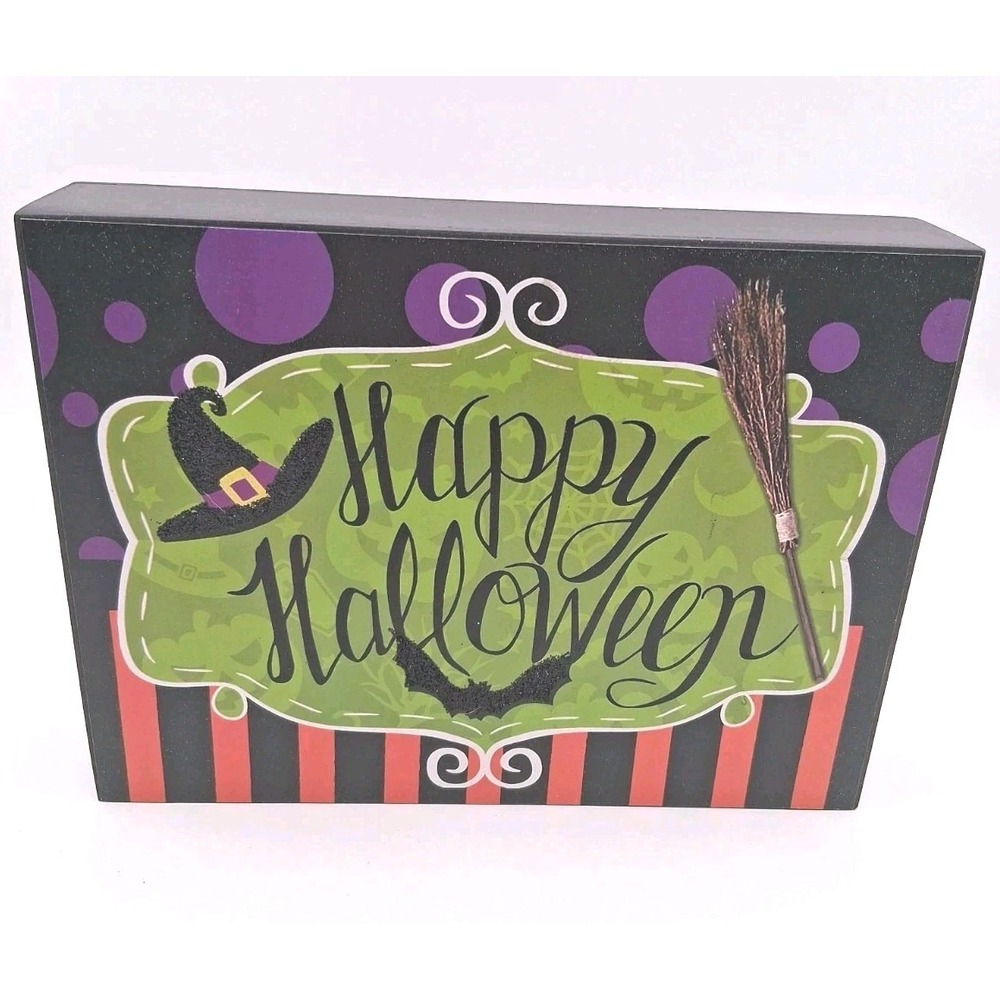 "Happy Halloween" Wood Block Sign Decor Bat, Witch's Hat & Broom Whimsical
